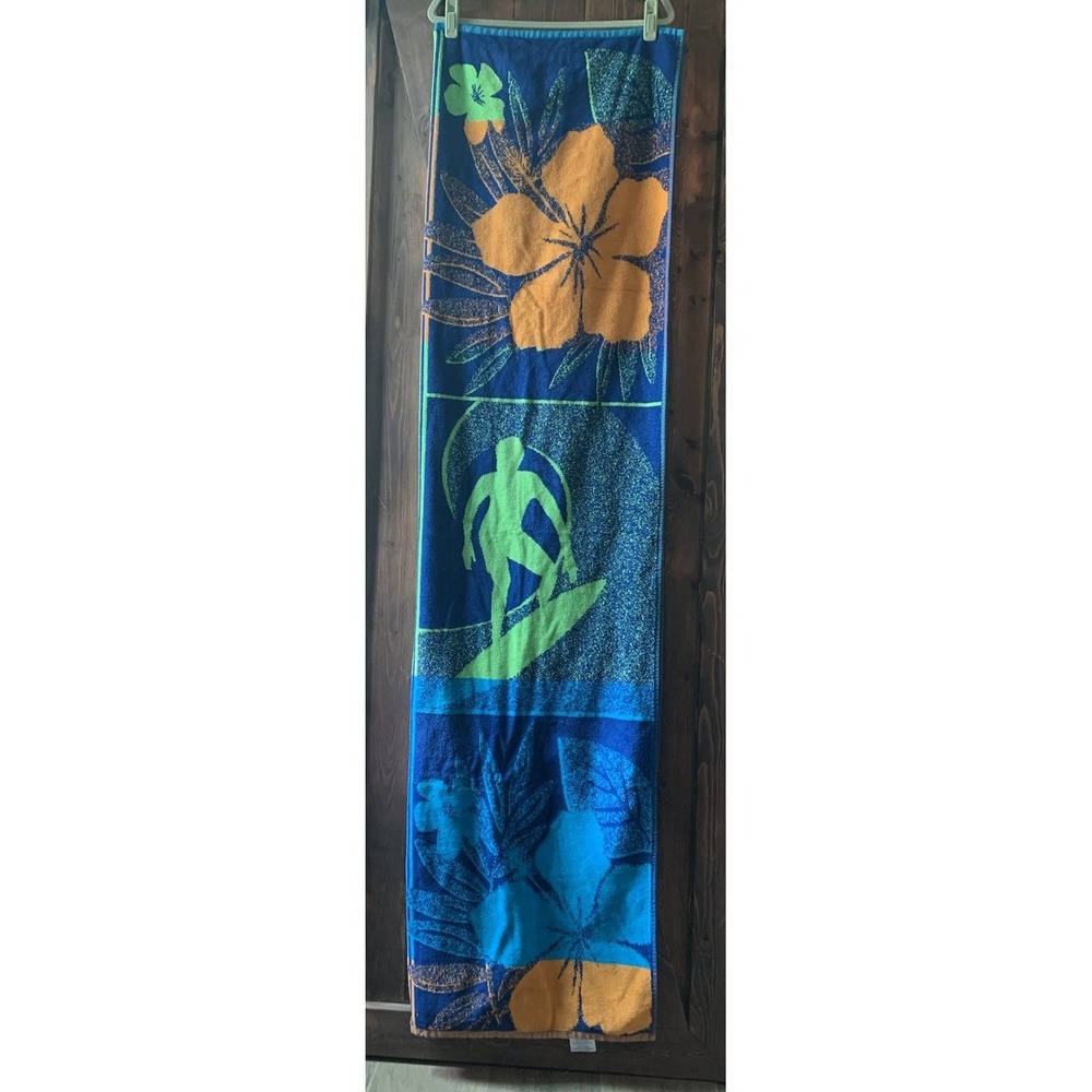 Resort Living Beach Towel Palm And Surfers Thick Cotton Multicolored 72"x34" EUC